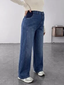 SHEIN 孕婦休閒寬鬆寬腿牛仔褲 藍色 西部風格 女款 牛仔女郎穿搭 - 藍色 - 查看 5