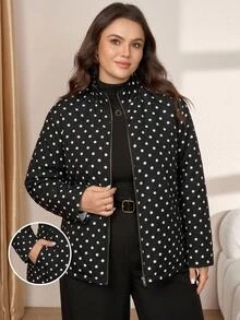 Comfylo Plus Size Women's Polka Dot Pattern Long Sleeve Zip-Up Casual Jacket Winter - Black - View 2