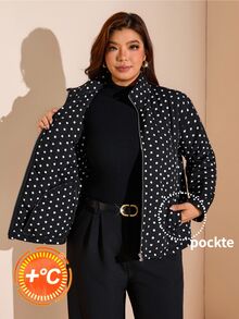 Comfylo Plus Size Women's Polka Dot Pattern Long Sleeve Zip-Up Casual Jacket Winter - Black - View 1