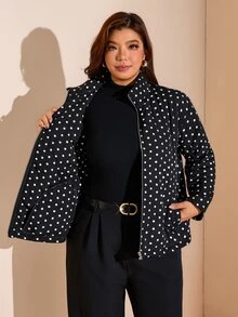 Comfylo Plus Size Women's Polka Dot Pattern Long Sleeve Zip-Up Casual Jacket Winter - Black - View 7