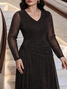 Modelyn Plus Size Women's V-Neck Shiny Casual Party Dress - Coffee Brown - View 5