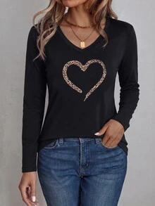 EMERY ROSE Casual Minimalist Retro Daily Commute Black Leopard Print Heart Pattern Regular Fit Small V-Neck Long Sleeve Plus Size Women's T-Shirt Suitable For Autumn/Winter Comfortable - Multicolor - View 5