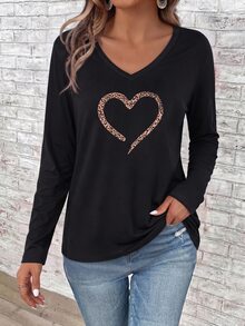 EMERY ROSE Casual Minimalist Retro Daily Commute Black Leopard Print Heart Pattern Regular Fit Small V-Neck Long Sleeve Plus Size Women's T-Shirt Suitable For Autumn/Winter Comfortable - Multicolor - View 4