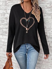 EMERY ROSE Casual Minimalist Retro Daily Commute Black Leopard Print Heart Pattern Regular Fit Small V-Neck Long Sleeve Plus Size Women's T-Shirt Suitable For Autumn/Winter Comfortable - Multicolor - View 3