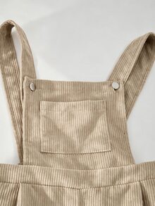 SHEIN 青少年女孩抓絨秋季/秋冬 羅紋燈芯絨 可調扣彈性腰圍連身褲 日常穿著 校園畢業 白色米色 休閒可愛 - 卡其色 - 查看 5