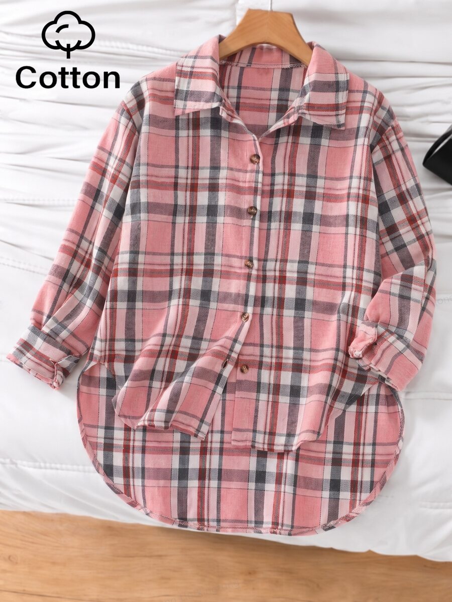 SHEIN Tween Girls Fall Outfits Plaid Flannel Shirt, Long Sleeve Lapel Button Up Casual Top - Pink - View 1