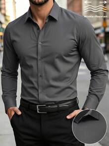 Manfinity Mode Men's Front Button Long Sleeve Pocket Casual Formal Shirt, Daily Wear, For Fall, Ceremony Style For Commuting, Old Money - Grey - View 3