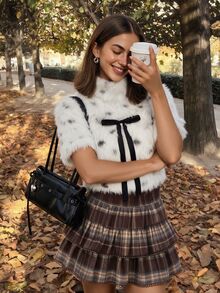 Comfortcana Women's Elastic Waist Plaid Ruffle Hem Skirt Fall Clothes For Women Work Outfits Halloween Christmas National Day Fall Clothes For Women Y2K Basic - Brown - View 2