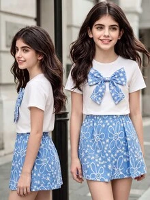 SHEIN Tween Girls 2pcs/Set 3D Big Bow Round Neck Short Sleeve T-Shirt Jacquard Asymmetrical Skort Birthday Party Vacation Airport Trip Off-White Summer Cute - Multicolor - View 2