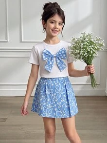 SHEIN Tween Girls 2pcs/Set 3D Big Bow Round Neck Short Sleeve T-Shirt Jacquard Asymmetrical Skort Birthday Party Vacation Airport Trip Off-White Summer Cute - Multicolor - View 3