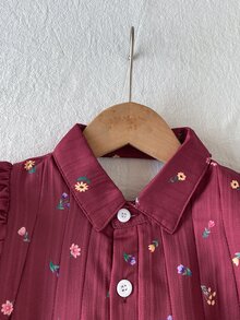 SHEIN 女童公主洋裝 優雅酒紅色蝴蝶結碎花印花 泡泡袖高領輕盈 A字裙 生日派對夏季秋季度假款 - 酒紅色 - 查看 5