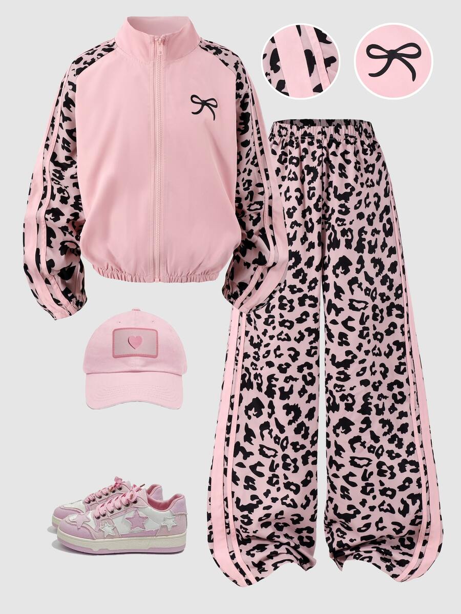 SHEIN Tween Girls Leopard Print 2 Pieces Outfit, Fall Style Pink Colorblock Zip Jacket & Wide Leg Sweatpants Set, Casual Tracksuit - Pink - View 1