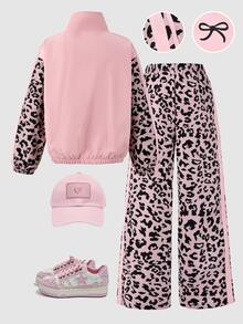 SHEIN Tween Girls Leopard Print 2 Pieces Outfit, Fall Style Pink Colorblock Zip Jacket & Wide Leg Sweatpants Set, Casual Tracksuit - Pink - View 2