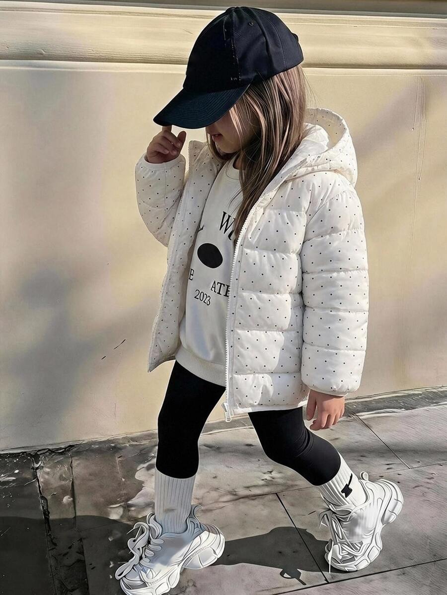 Hapijoa Young Girl Polka Dot Hooded Zip-Up Casual Winter Padded Coat - Beige - View 1