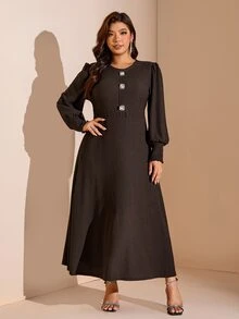 Comfylo Plus Size Women Solid Color Casual Party Dress Fall - Coffee Brown - View 3