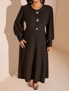 Comfylo Plus Size Women Solid Color Casual Party Dress Fall - Coffee Brown - View 7