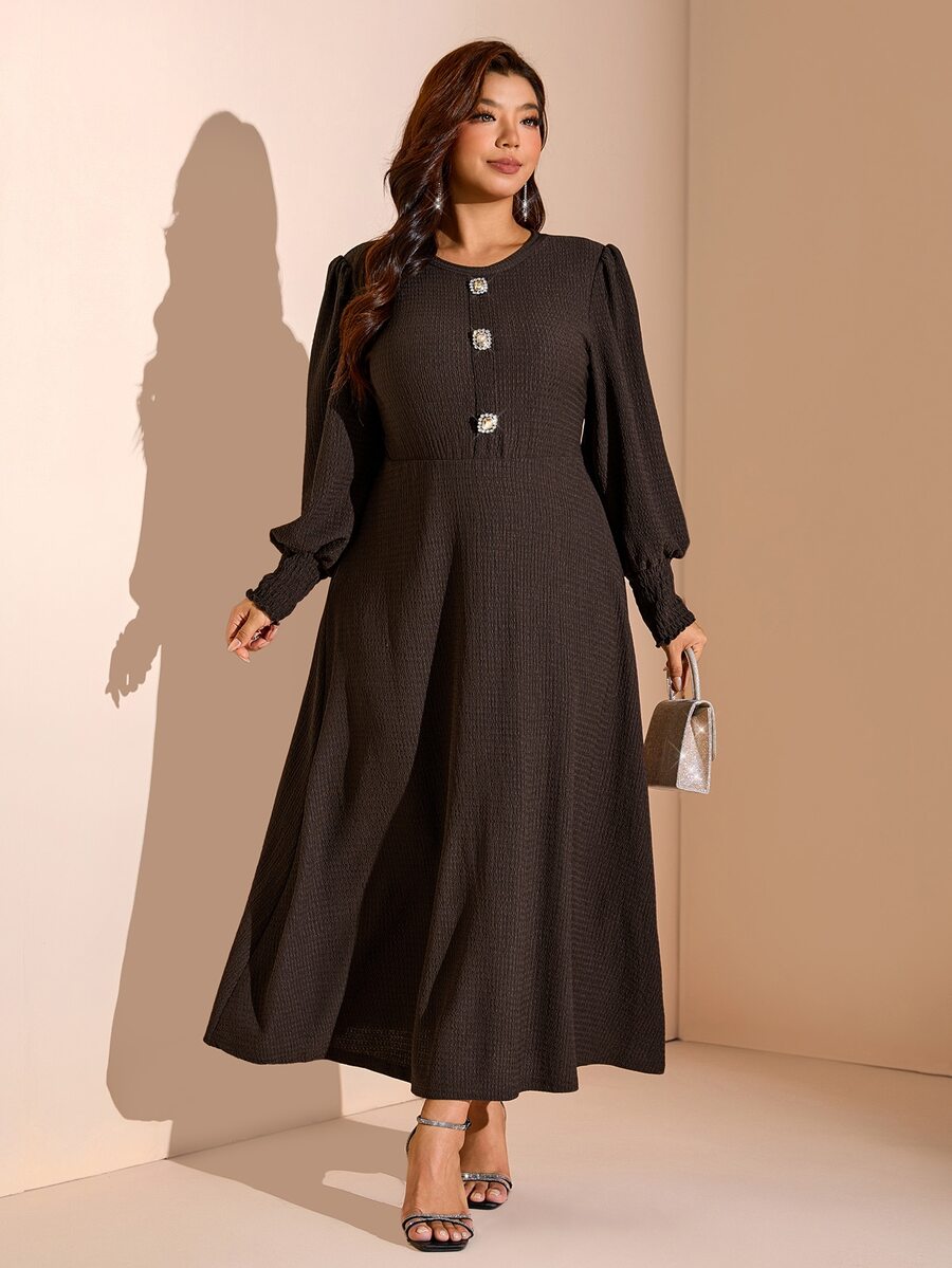 Comfylo Plus Size Women Solid Color Casual Party Dress Fall - Coffee Brown - View 1