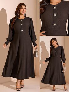 Comfylo Plus Size Women Solid Color Casual Party Dress Fall - Coffee Brown - View 2