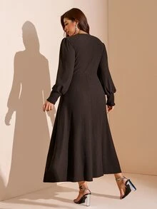 Comfylo Plus Size Women Solid Color Casual Party Dress Fall - Coffee Brown - View 8