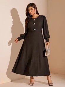 Comfylo Plus Size Women Solid Color Casual Party Dress Fall - Coffee Brown - View 5