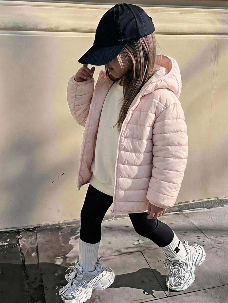 Hapijoa Young Girl) Hooded Thick Quilted Basic Long Sleeve Padded Coat, Autumn/Winter - Baby Pink - View 1