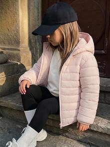 Hapijoa Young Girl) Hooded Thick Quilted Basic Long Sleeve Padded Coat, Autumn/Winter - Baby Pink - View 3