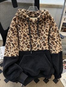 Linhara 大尺碼女款豹紋水印拼接黑色珊瑚絨保暖內裡連帽衛衣，休閒隨性穿搭，秋季服飾，度假海灘 - 彩色 - 查看 1