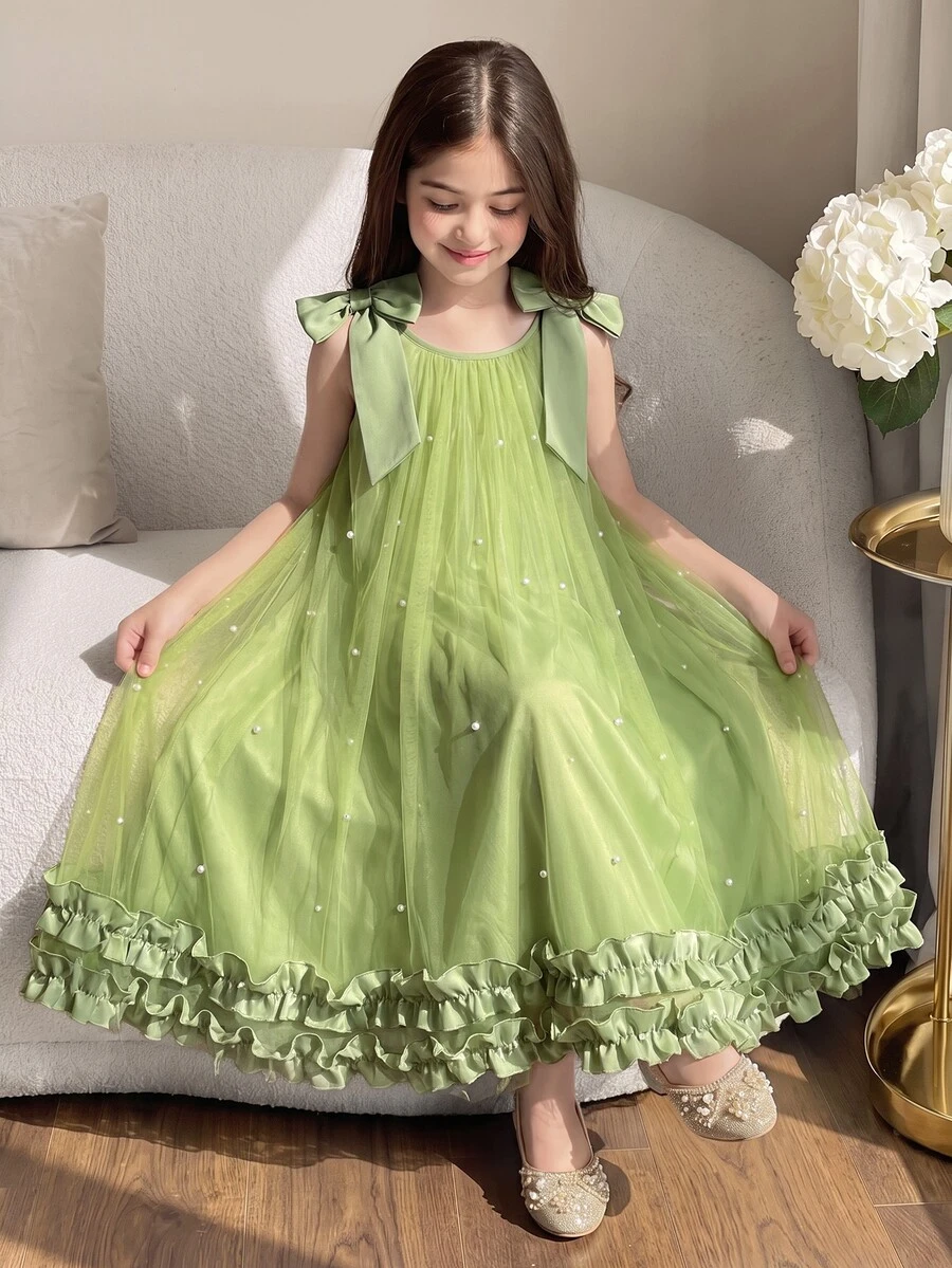 Elegant Fashion Ruffled Pearl Decor Mesh Girls Dress - Green - View 1