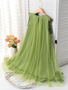 Elegant Fashion Ruffled Pearl Decor Mesh Girls Dress - Green - View 4