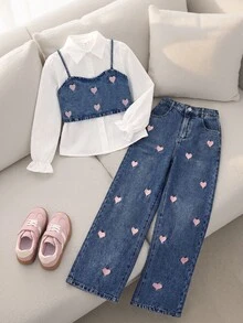 SHEIN Tween Girls Fall Outfits 3pcs/Set Y2K Style Precise Heart Embroidered Camisole With Shirt & Extra Long Pants Denim Outfit, School, Campus, College - Dark Wash - View 3