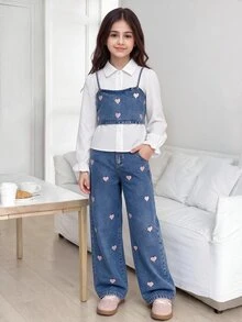 SHEIN Tween Girls Fall Outfits 3pcs/Set Y2K Style Precise Heart Embroidered Camisole With Shirt & Extra Long Pants Denim Outfit, School, Campus, College - Dark Wash - View 2