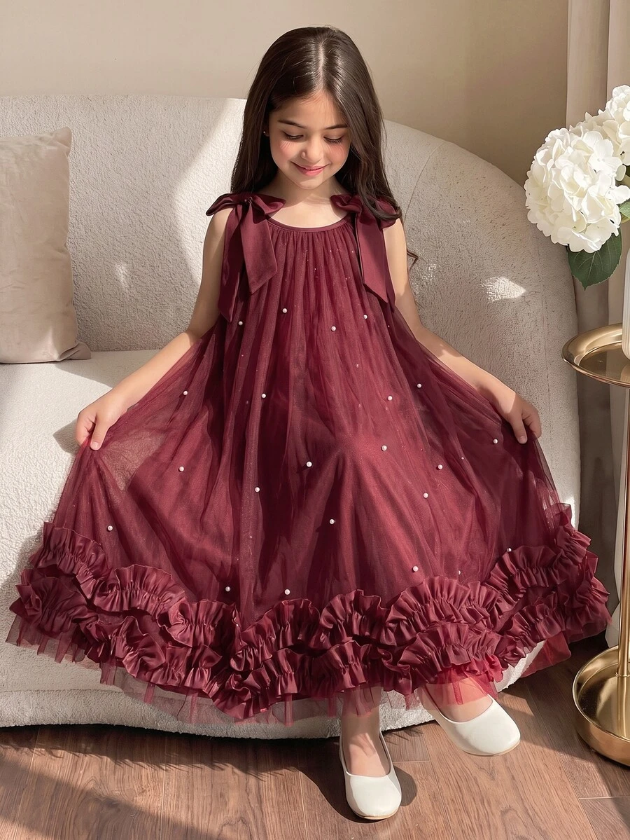 SHEIN Girls Elegant Cute Fashion Ruffle Lace Pearl Shiny Mesh Dress Party Formal Burgundy Red Summer New Year - Burgundy - View 1