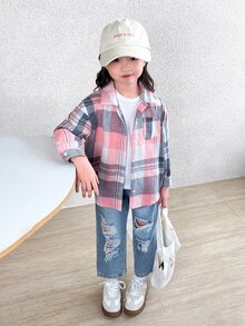 PrepCrw Cô Gái Trẻ In kẻ sọc Vá Túi Áo sơ mi Without Tee - Nhiều màu - Xem 7