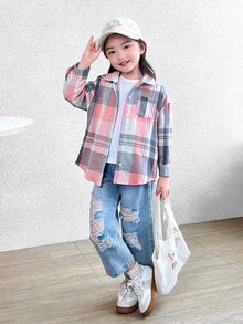 PrepCrw Cô Gái Trẻ In kẻ sọc Vá Túi Áo sơ mi Without Tee - Nhiều màu - Xem 3