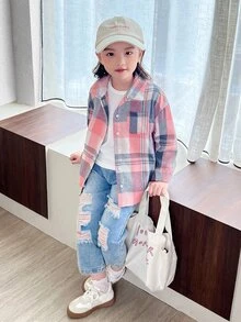 PrepCrw Cô Gái Trẻ In kẻ sọc Vá Túi Áo sơ mi Without Tee - Nhiều màu - Xem 9
