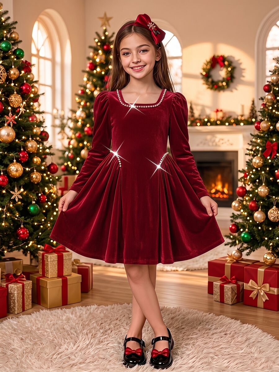 SHEIN Tween Girls' Simple Fashion Party Formal Occasion Wedding Elegant Cute Graceful Evening Dress Graduation Prom Dinner Cocktail Cruise Holiday Christmas - Red - View 1