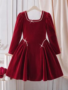 SHEIN Tween Girls' Simple Fashion Party Formal Occasion Wedding Elegant Cute Graceful Evening Dress Graduation Prom Dinner Cocktail Cruise Holiday Christmas - Red - View 4