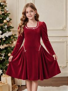 SHEIN Tween Girls' Simple Fashion Party Formal Occasion Wedding Elegant Cute Graceful Evening Dress Graduation Prom Dinner Cocktail Cruise Holiday Christmas - Red - View 2