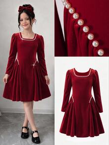 SHEIN Tween Girls' Simple Fashion Party Formal Occasion Wedding Elegant Cute Graceful Evening Dress Graduation Prom Dinner Cocktail Cruise Holiday Christmas - Red - View 7
