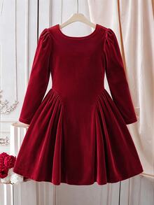 SHEIN Tween Girls' Simple Fashion Party Formal Occasion Wedding Elegant Cute Graceful Evening Dress Graduation Prom Dinner Cocktail Cruise Holiday Christmas - Red - View 3