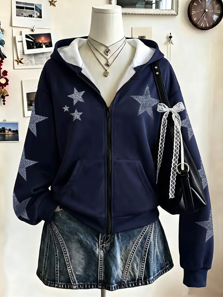 SHEIN 青少年女孩水鑽星星圖案落肩拉鍊連帽衛衣休閒寬鬆運動衫 - 藍色 - 查看 1