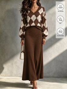 LUMIGAL Women's Diamond Grid Long Sleeve Top And Skirt Knit 2 Pieces Set - Brown - View 5