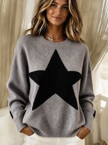 Pariaura Drop Shoulder Star Pattern Sweater,Long Sleeve Tops Knit Pullover Fall Winter - Grey - View 8