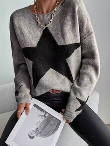 Pariaura Drop Shoulder Star Pattern Sweater,Long Sleeve Tops Knit Pullover Fall Winter - Grey - View 3