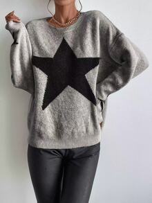 Pariaura Drop Shoulder Star Pattern Sweater,Long Sleeve Tops Knit Pullover Fall Winter - Grey - View 5