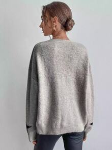 Pariaura Drop Shoulder Star Pattern Sweater,Long Sleeve Tops Knit Pullover Fall Winter - Grey - View 2