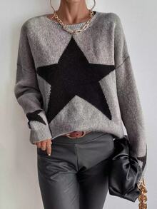 Pariaura Drop Shoulder Star Pattern Sweater,Long Sleeve Tops Knit Pullover Fall Winter - Grey - View 7