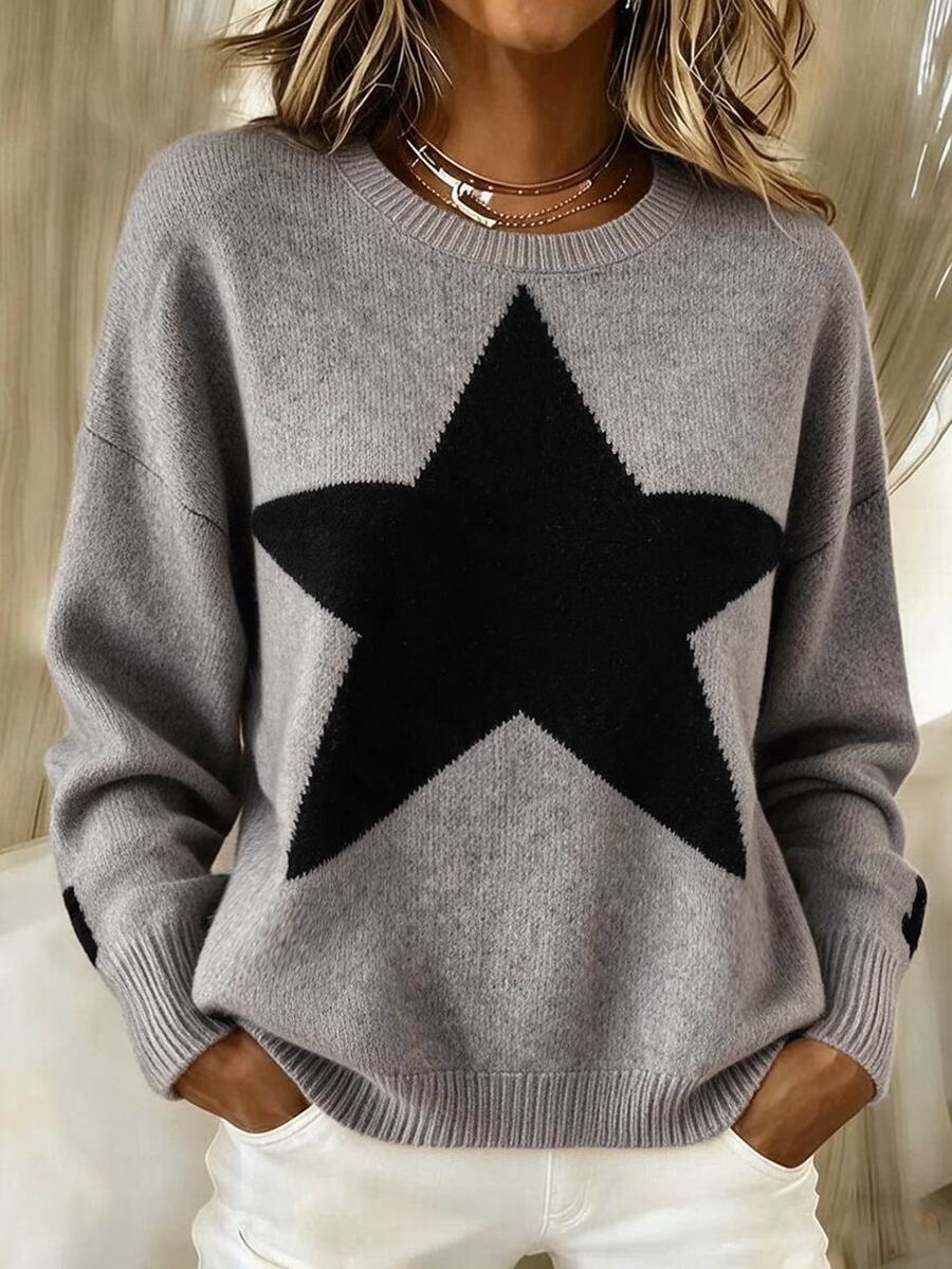 Pariaura Drop Shoulder Star Pattern Sweater,Long Sleeve Tops Knit Pullover Fall Winter - Grey - View 1