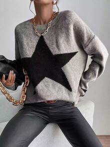 Pariaura Drop Shoulder Star Pattern Sweater,Long Sleeve Tops Knit Pullover Fall Winter - Grey - View 6