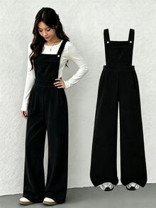 SHEIN Tween Girls Fleece Fall Clothes Autumn/Winter Ribbed Corduroy Adjustable Buckle Elastic Waist Jumpsuit, Suitable For Autumn/Winter, Daily Wear - Black - View 3
